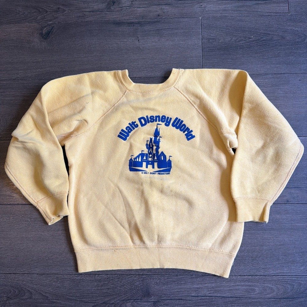 Vintage 50s 60s Walt Disney World Yellow Sweatshirt Kids Youth 14-16 Small RARE